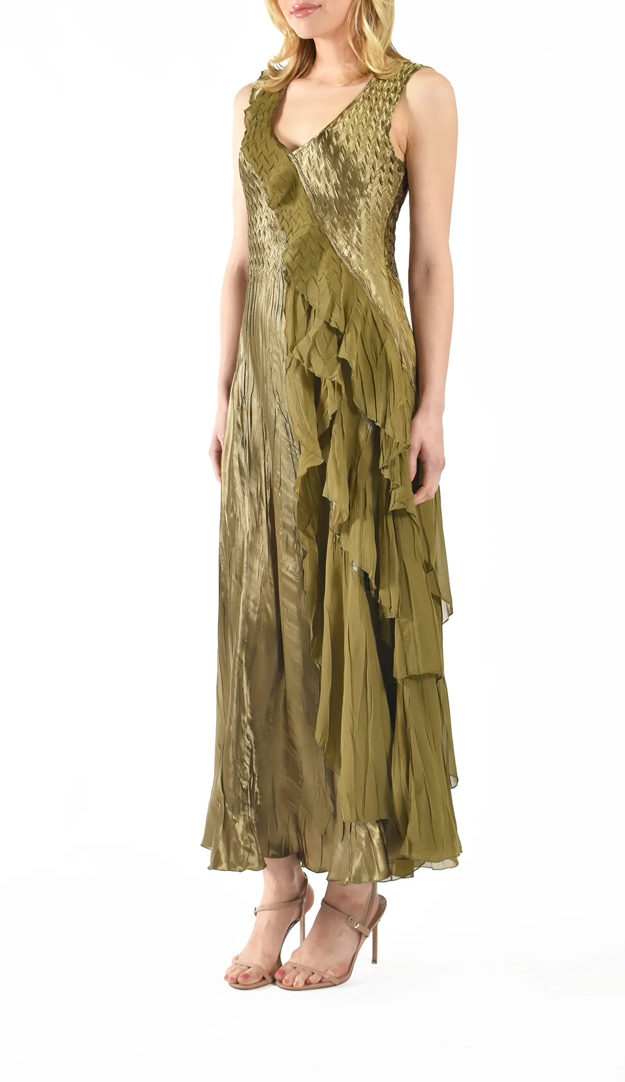 Olive Green Sleeveless Ruffled Maxi Dress