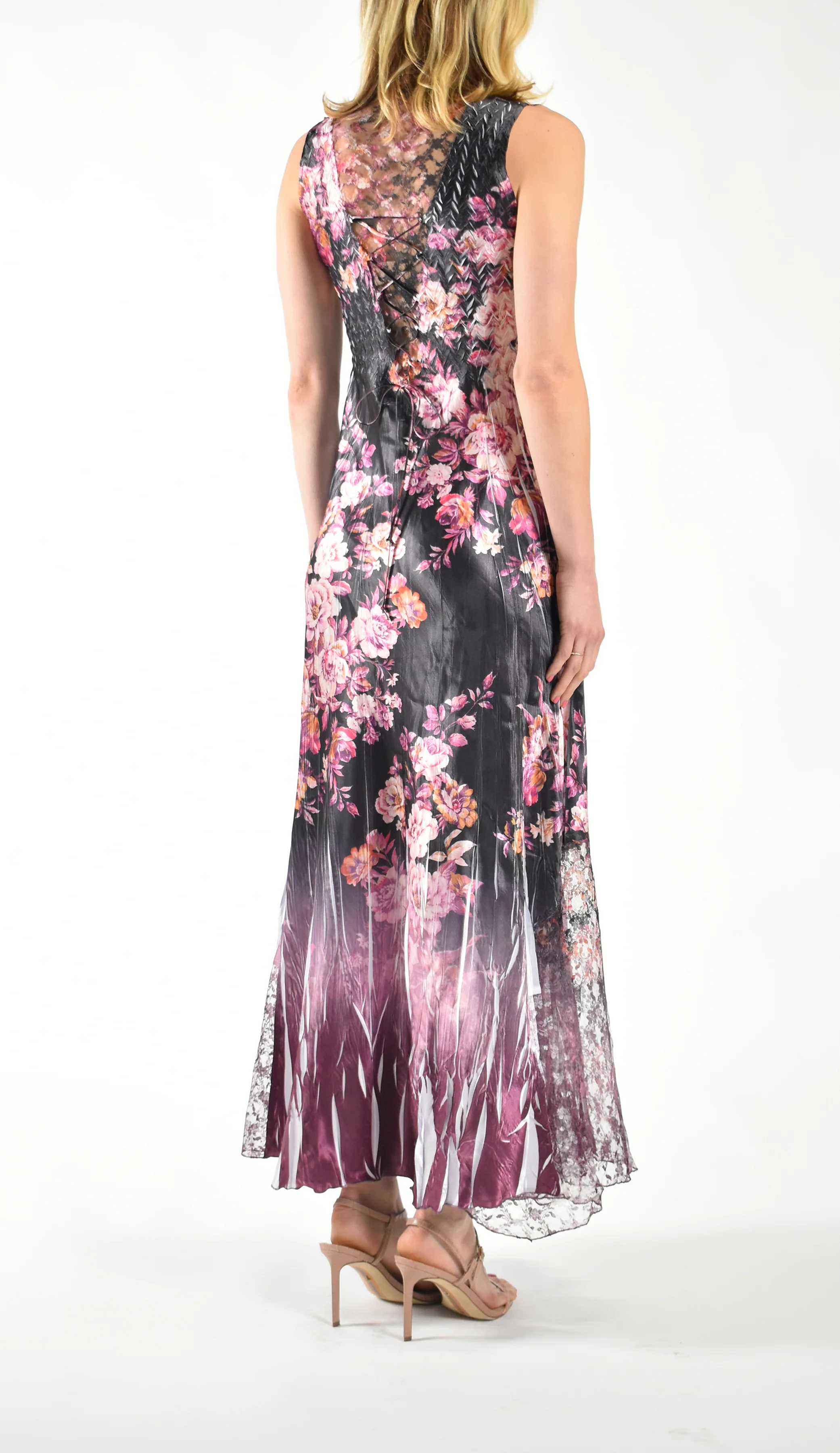 Black and Pink Floral - Print Sleeveless Maxi Dress