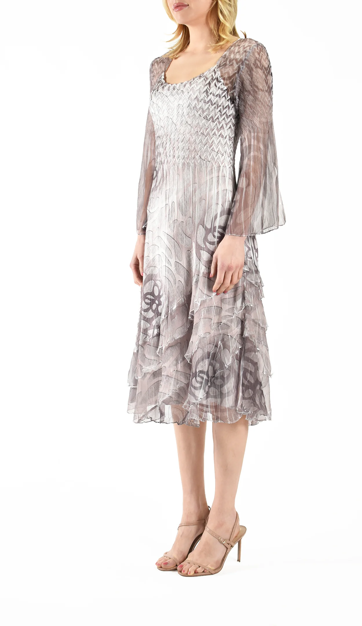 Grey Floral - Print Square Neck Dress with Sheer Sleeves