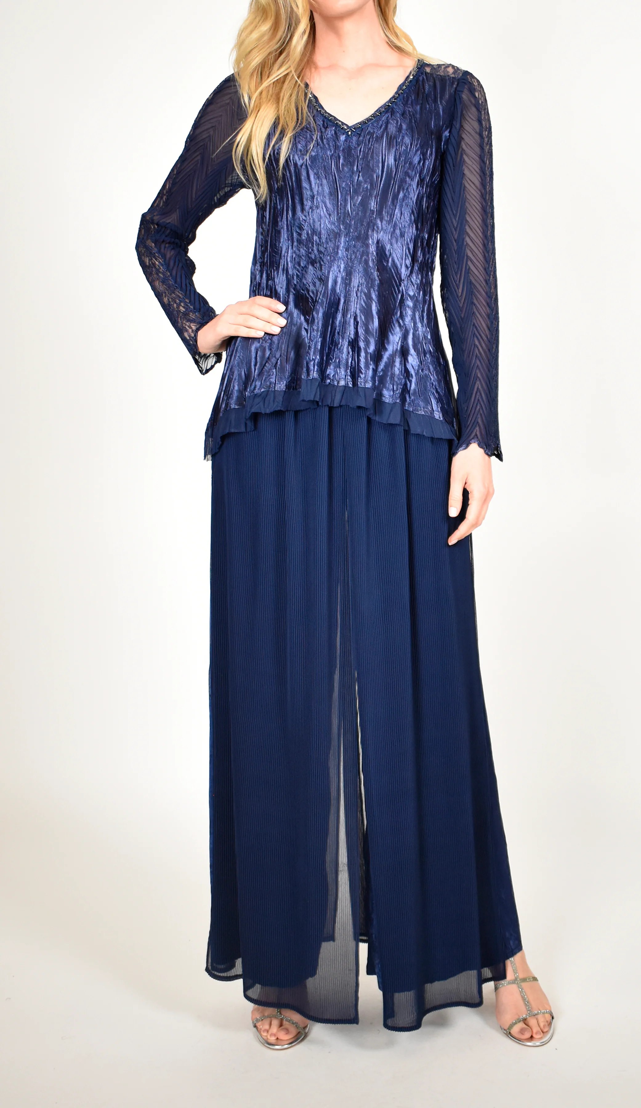 Navy Blue V - Neck Long - Sleeve Top and Maxi Skirt Set