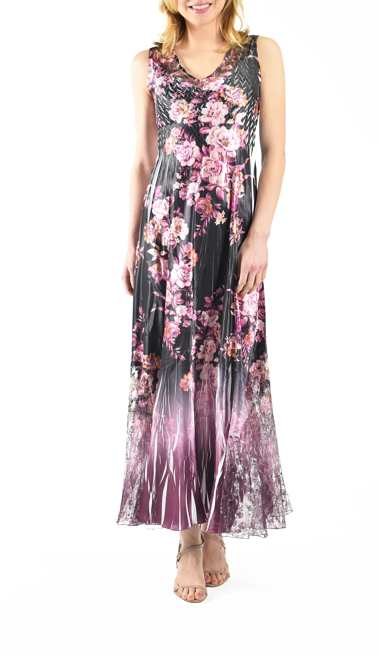 Black and Pink Floral - Print Sleeveless Maxi Dress