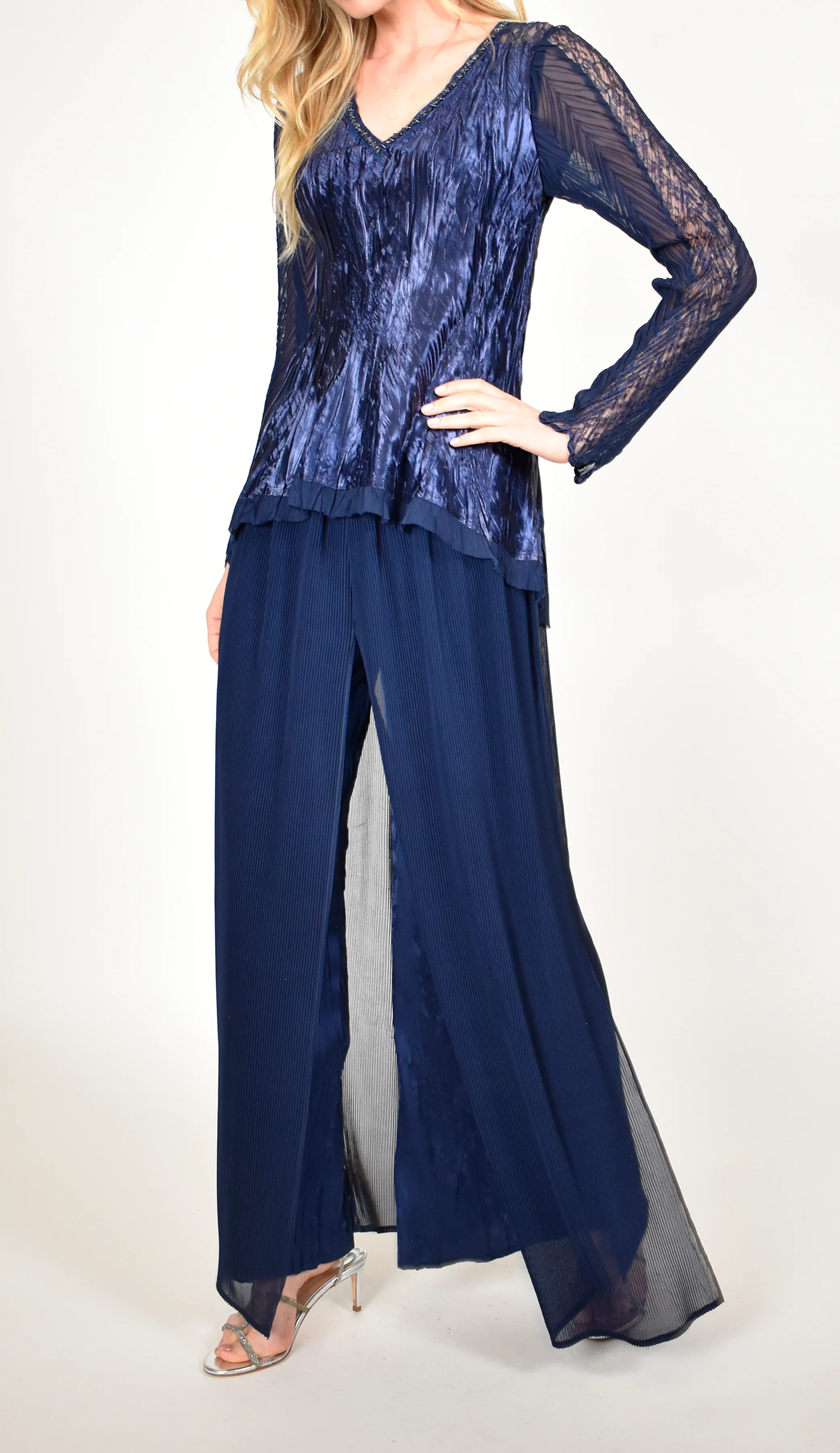 Navy Blue V - Neck Long - Sleeve Top and Maxi Skirt Set