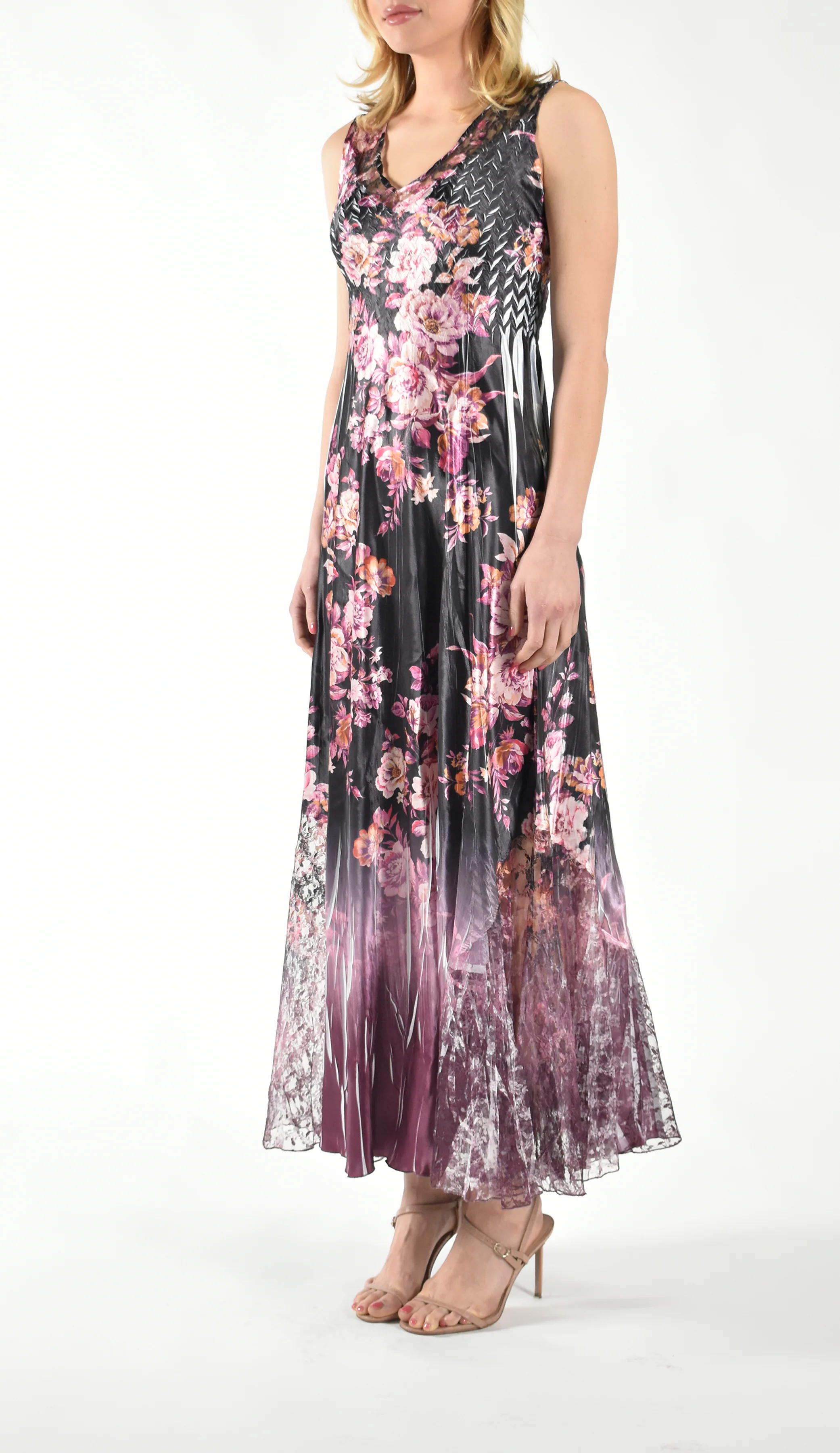 Black and Pink Floral - Print Sleeveless Maxi Dress