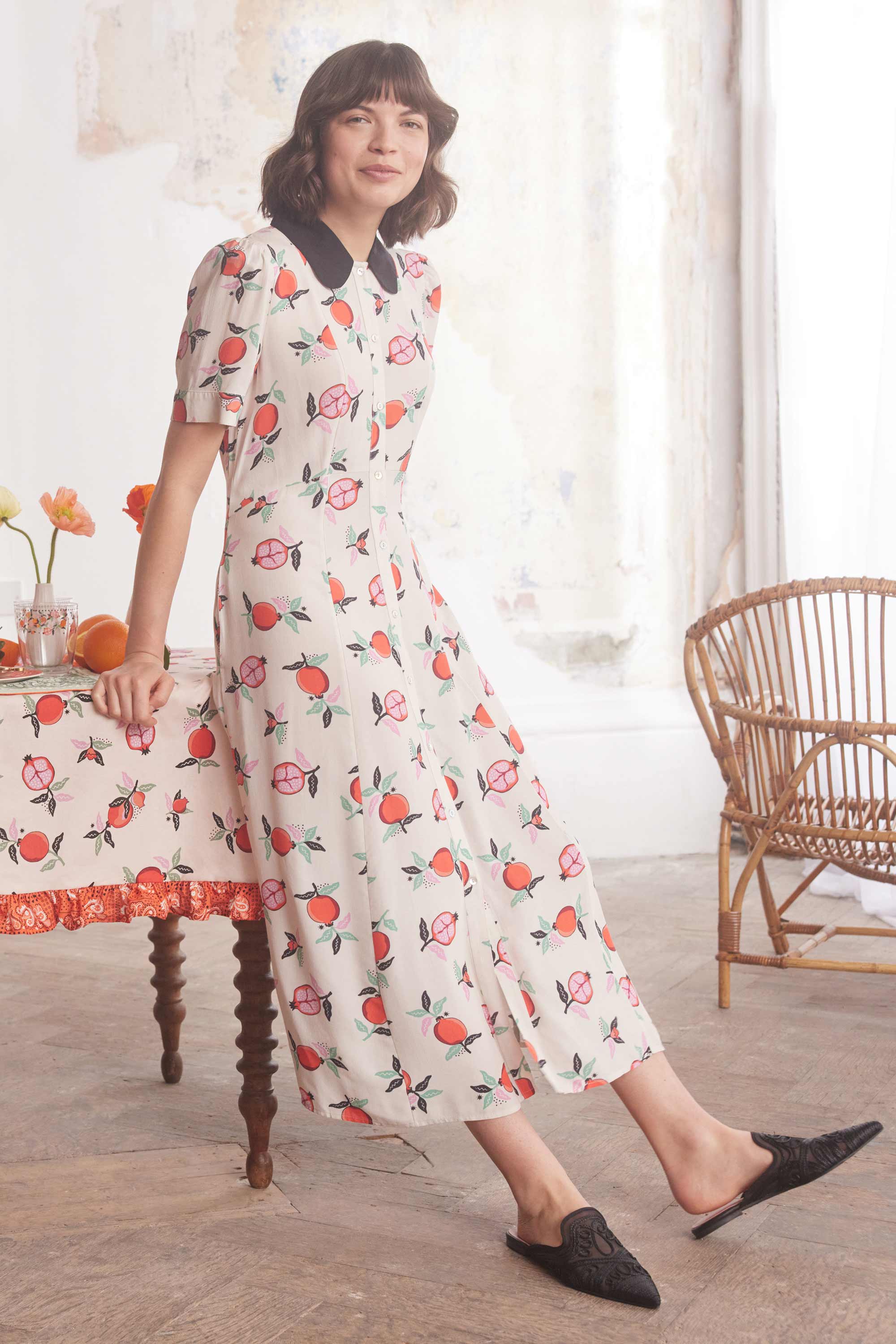 Pomegranate Short Sleeve Printed Midi Shirt Dress
