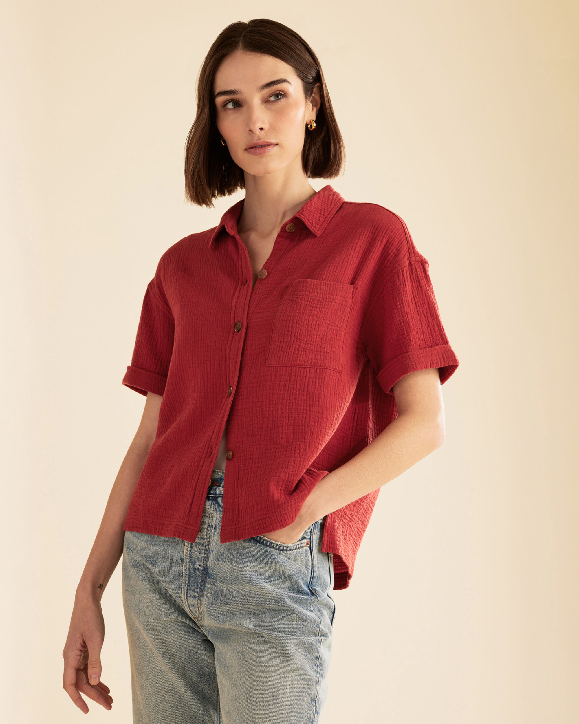 WOMEN'S BUTTON-UP COTTON GAUZE SHIRT