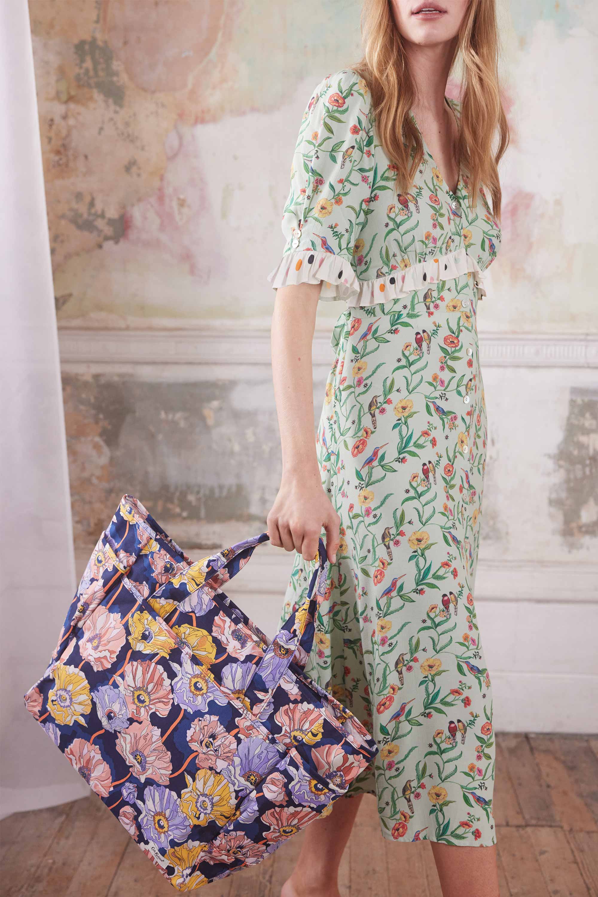 Summer Birds Short Sleeve Ruffle Tea Dress