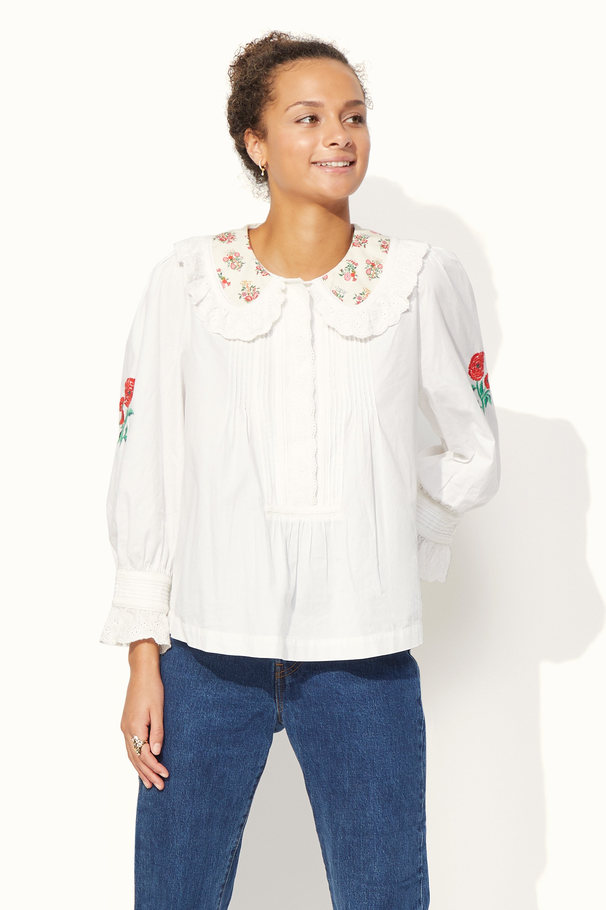 Carnation Embroidery Ruffle Collar Blouse