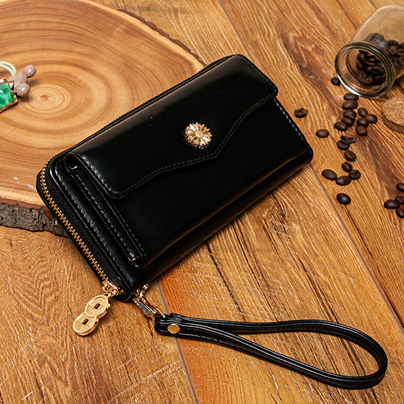 Women Leather Wallet Large Capacity Zipper Around Wristlet Bags Phone Holder