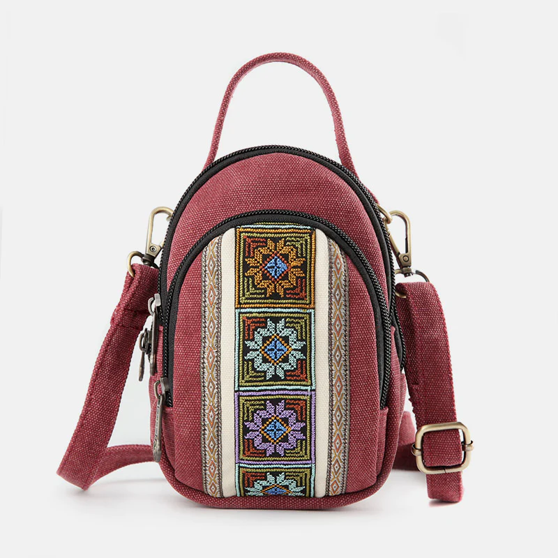 Multi-Pocket Vintage National Floral Embroidery Crossbody Phone Bag