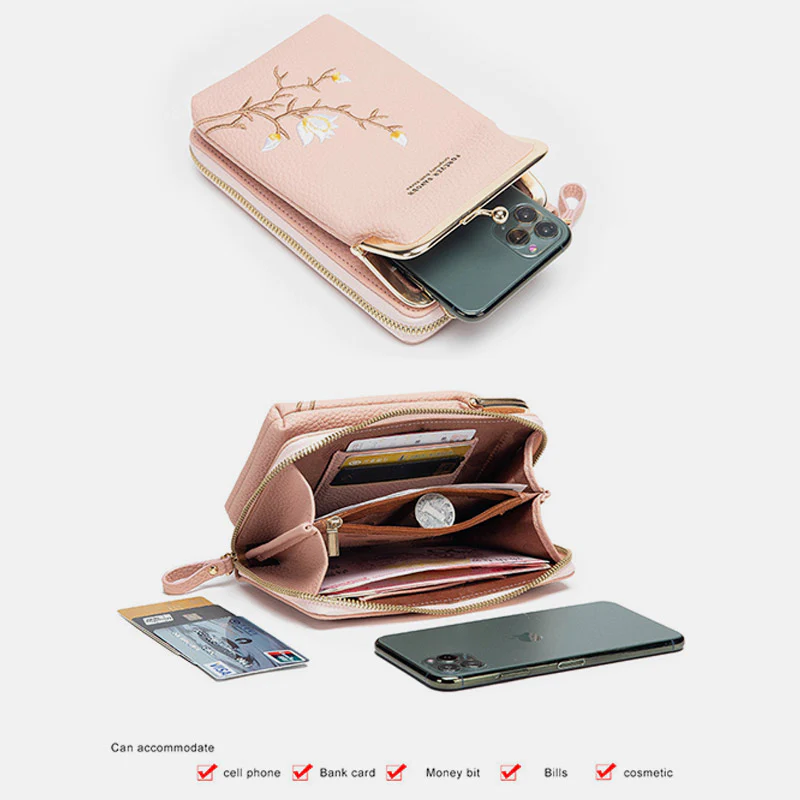 Multi-Slot Elegant Floral Embroidery Crossbody PhoneBag