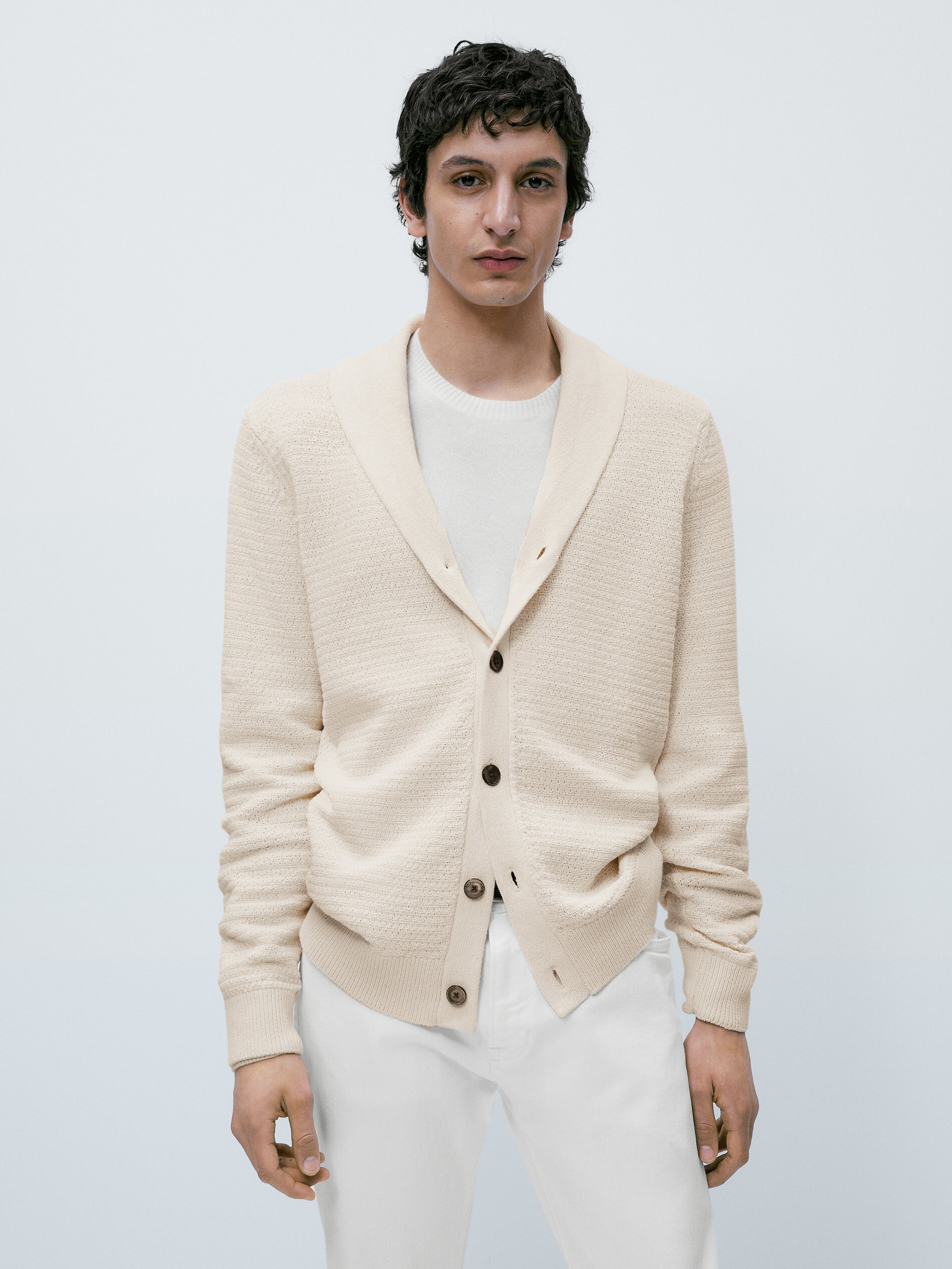 Cárdigan de punto estructura cuello chal - CRUDO