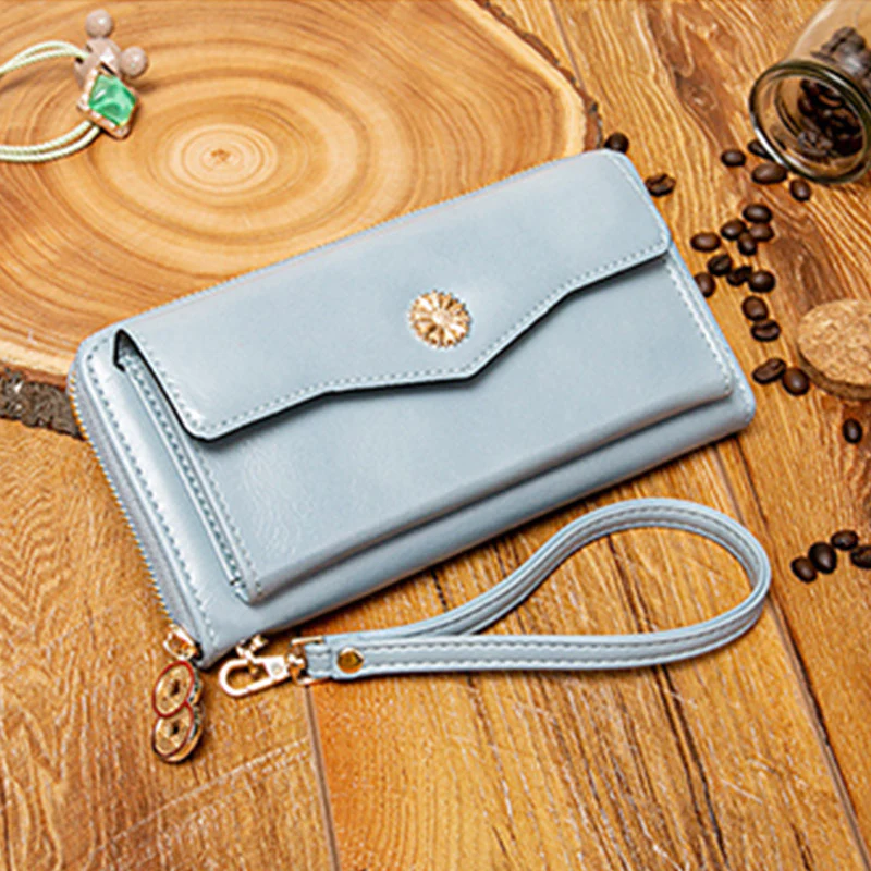 Women Leather Wallet Large Capacity Zipper Around Wristlet Bags Phone Holder