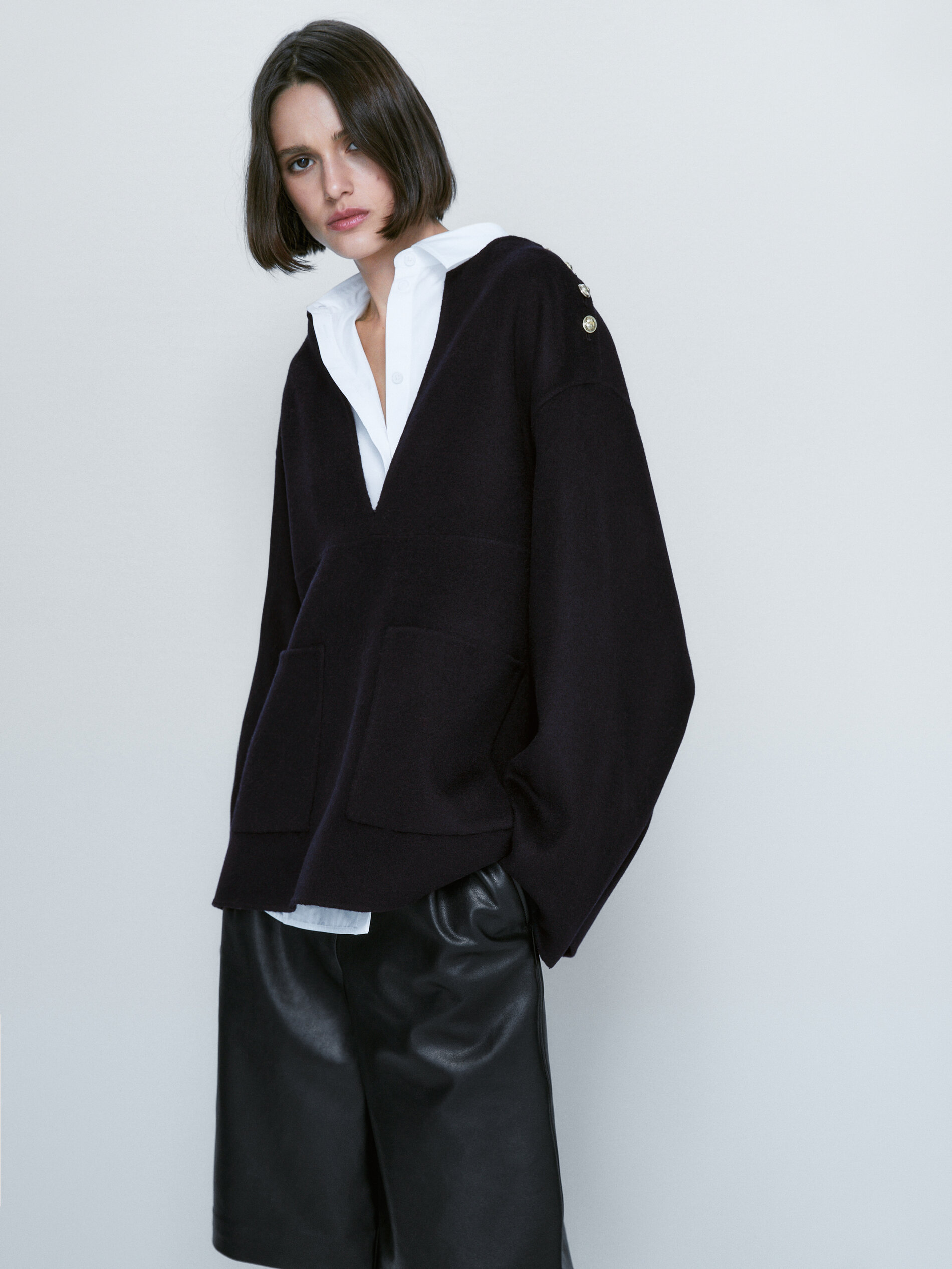 Abrigo corto mezcla lana botones dorados - AZUL MARINO