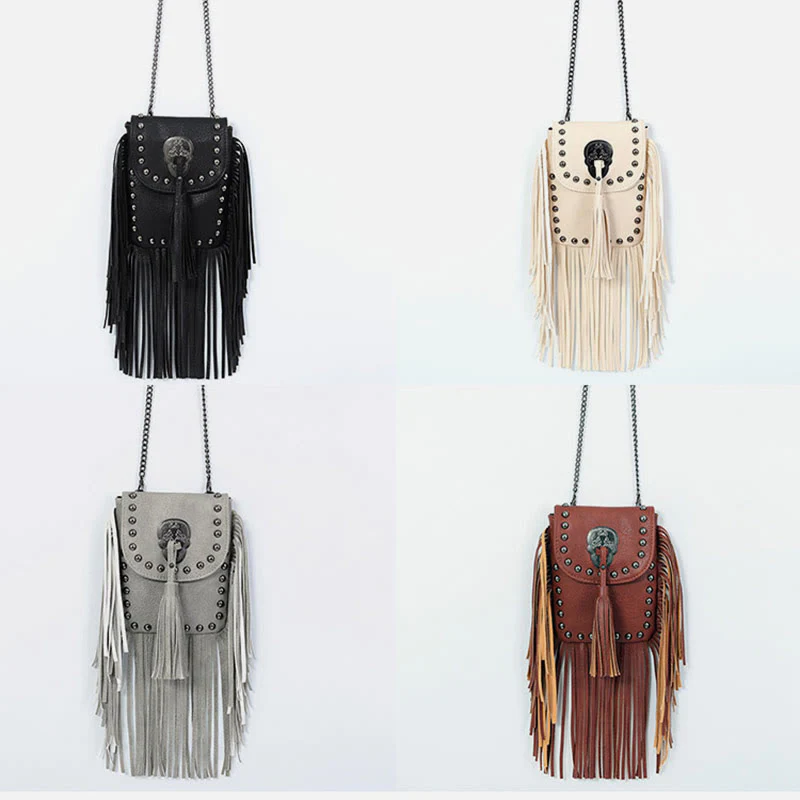 Rivet Tassel Bag For Women Vegan Leather Crossbody Phone Bag