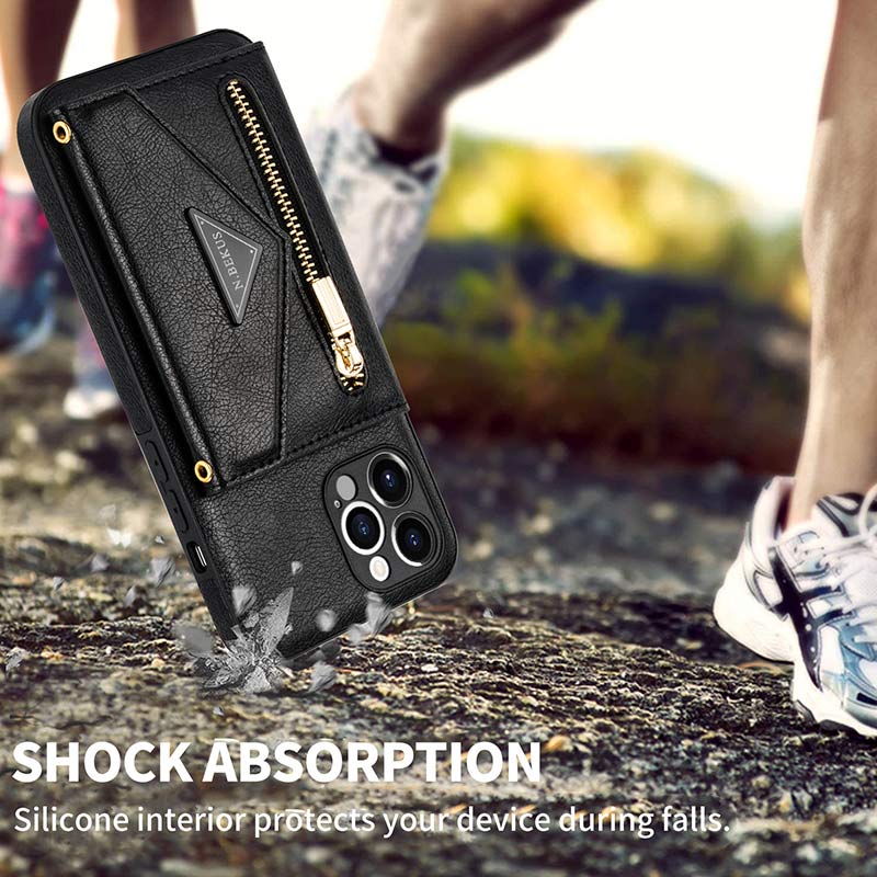 iPhone Wallet Case PU Protective Phone Bag Kickstand Cover Zipper Purse