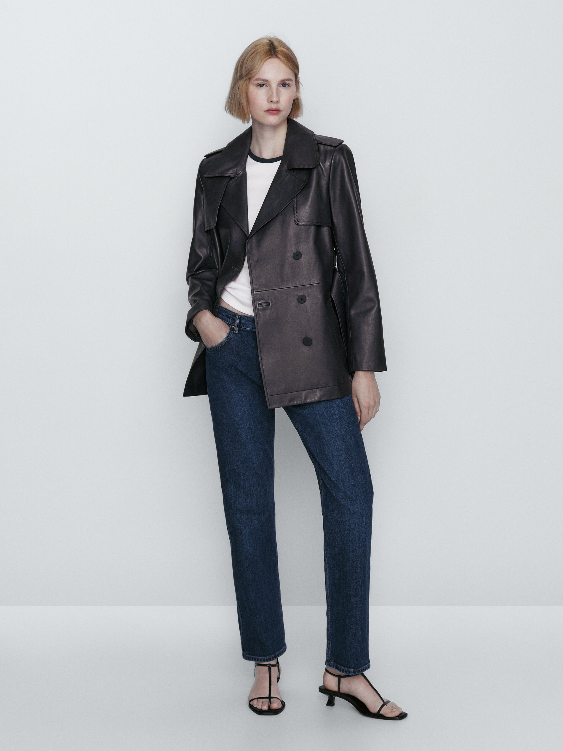 Chaqueta trench corta piel napa - AZUL MARINO