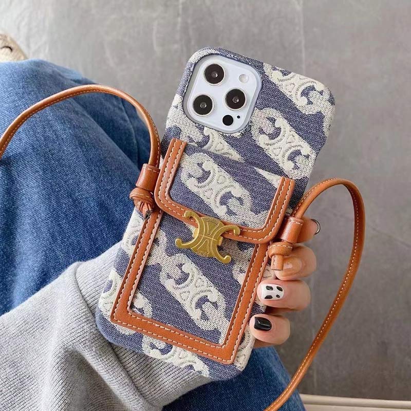 Vintage iPhone Card Holder Case Cell Phone Bag with Neck Strap