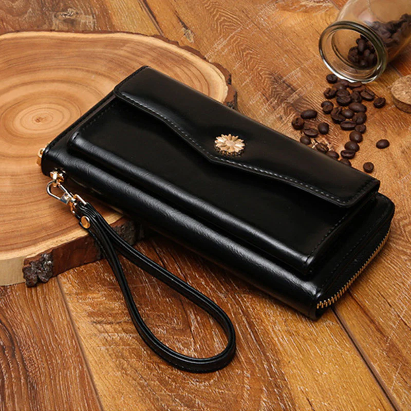 Women Leather Wallet Large Capacity Zipper Around Wristlet Bags Phone Holder