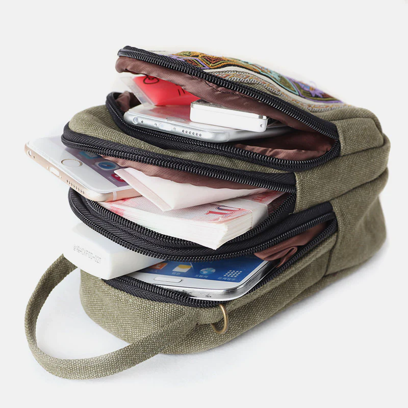 Multi-Pocket Vintage National Floral Embroidery Crossbody Phone Bag