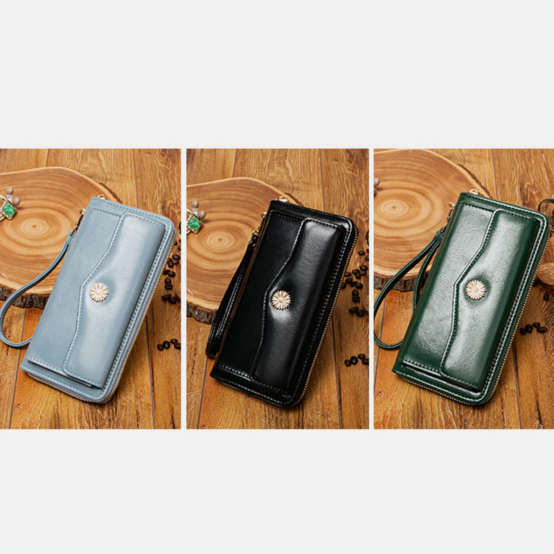 Women Leather Wallet Large Capacity Zipper Around Wristlet Bags Phone Holder