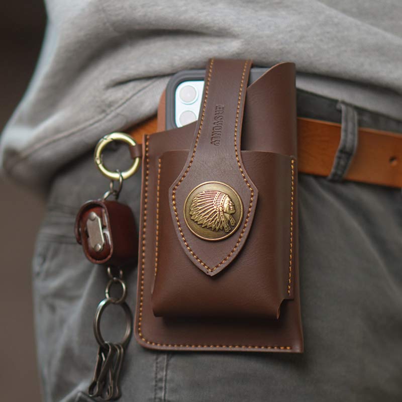 Retro Leather Phone Holster for Men Universal Case Waist Bag EDC