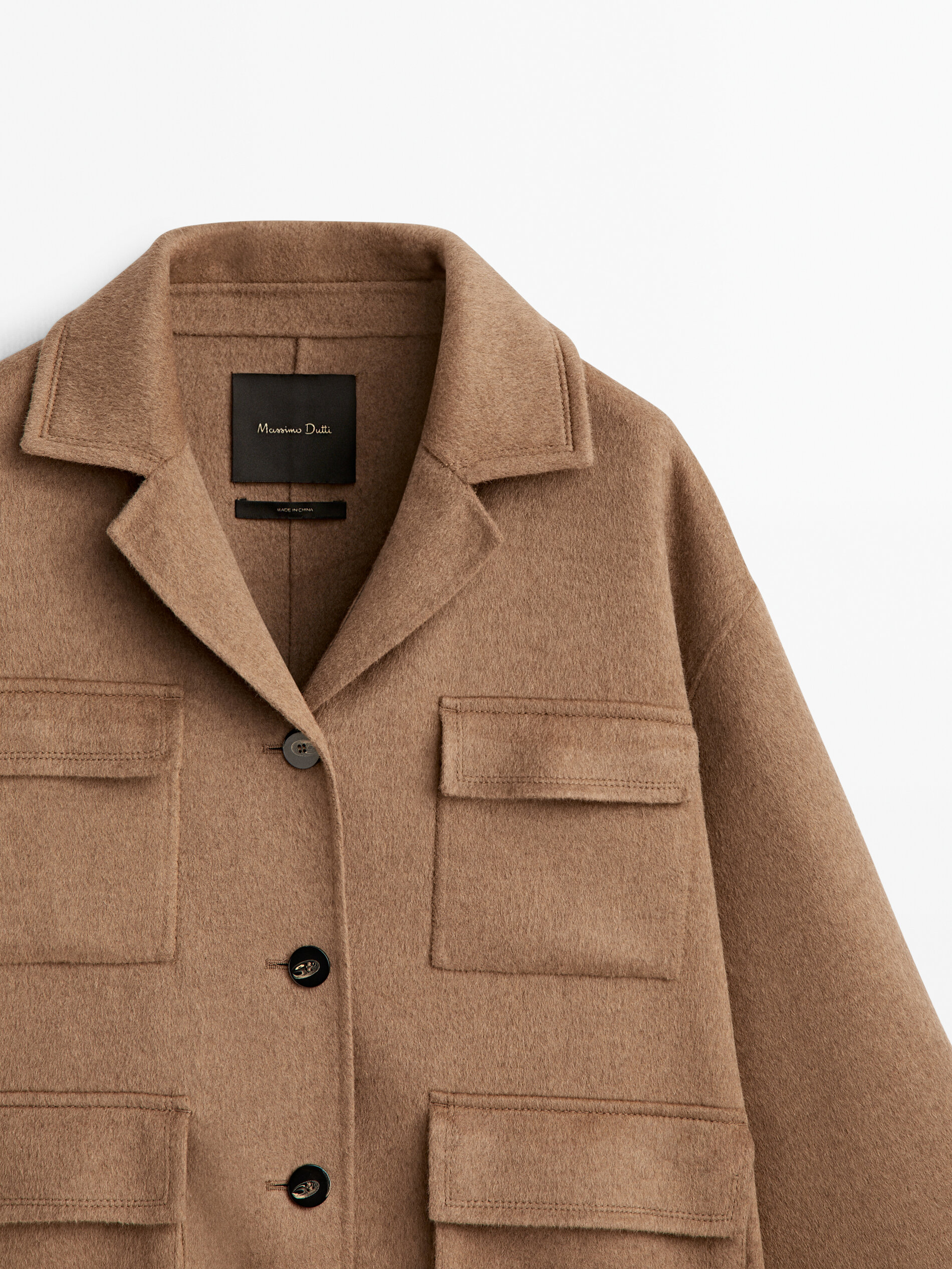 Abrigo corto mezcla lana bolsillos - CAMEL