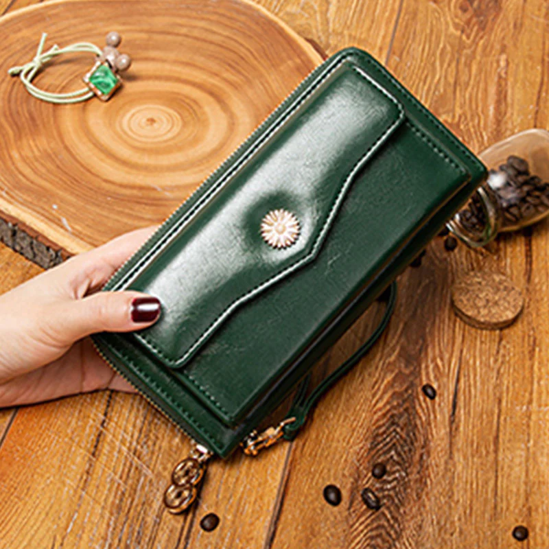 Women Leather Wallet Large Capacity Zipper Around Wristlet Bags Phone Holder