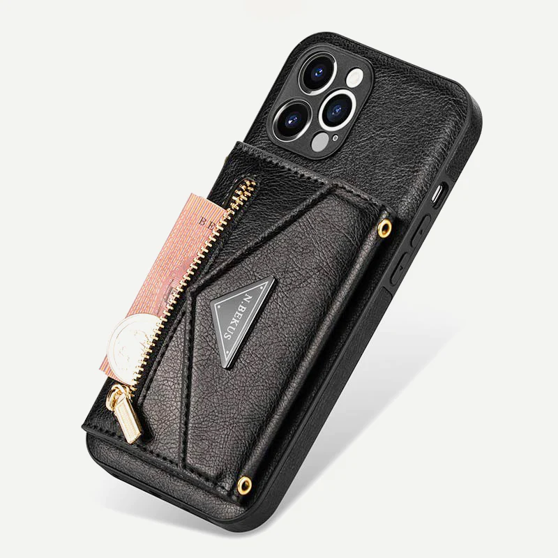 iPhone Wallet Case PU Protective Phone Bag Kickstand Cover Zipper Purse