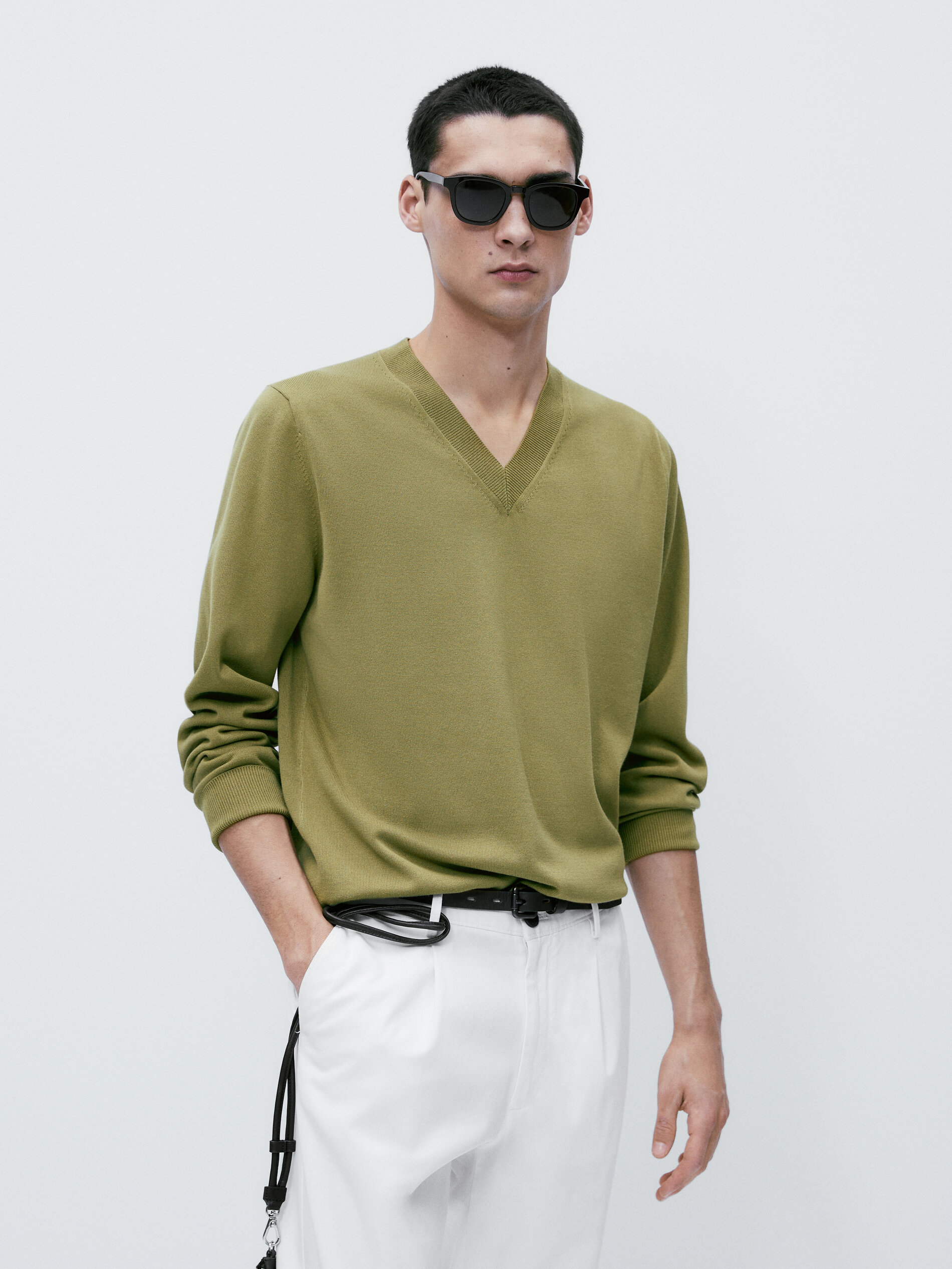 Jersey cuello pico algodon - Kaki