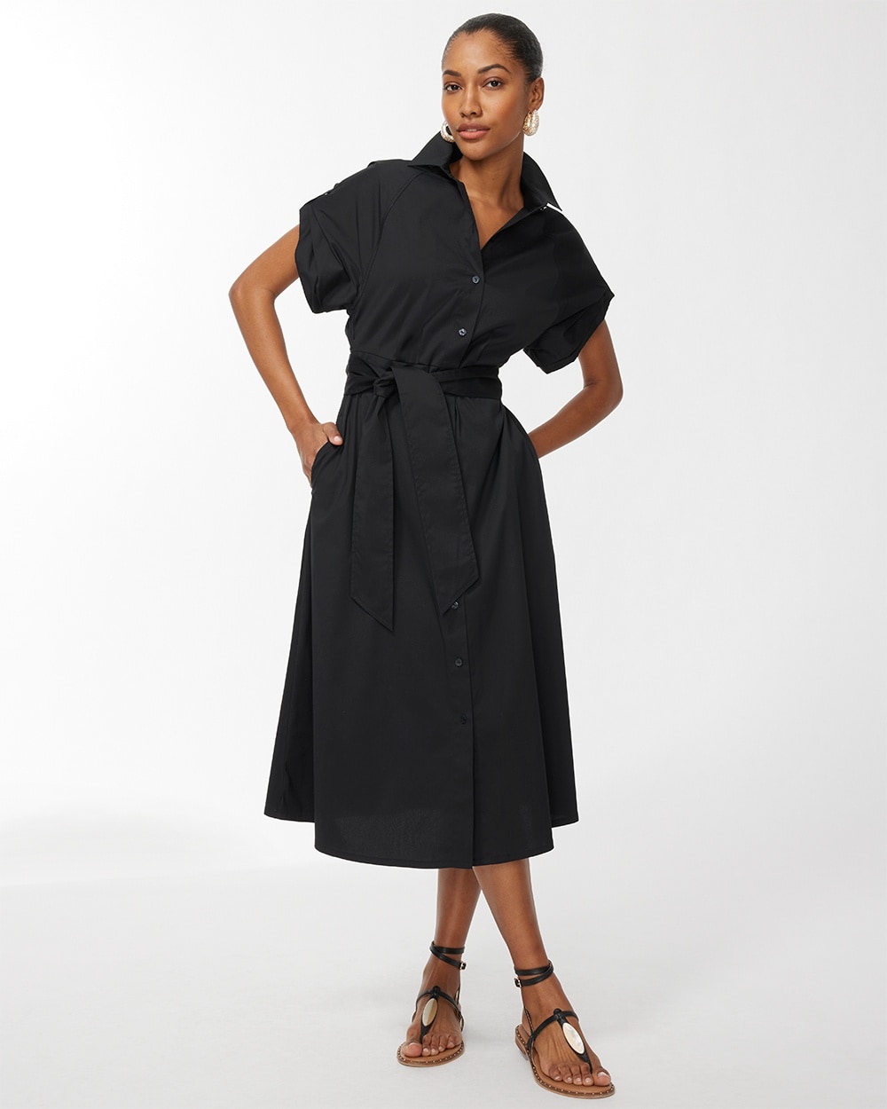 Poplin Tie Waist Shirt Dress Black