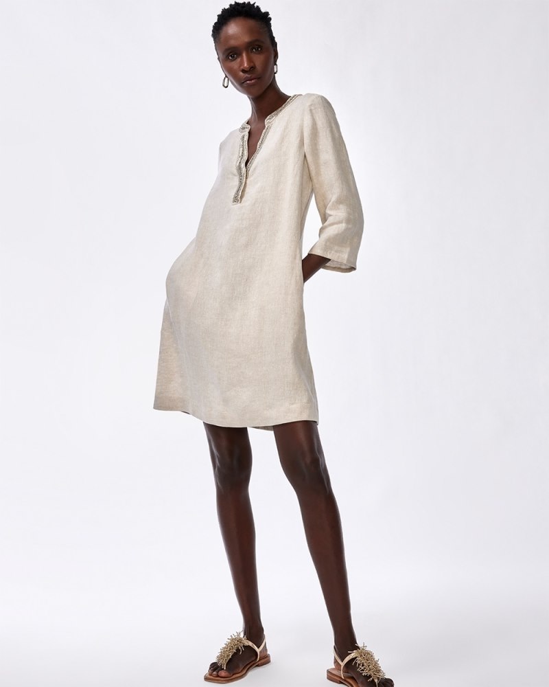 Embellished Beaded Linen Dress Oatmeal
