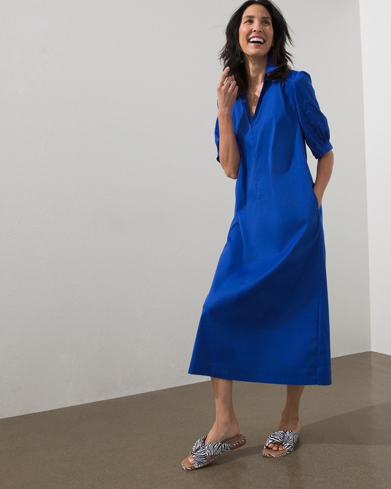 Eyelet Puff Sleeve Midi Dress Rich Cobalt