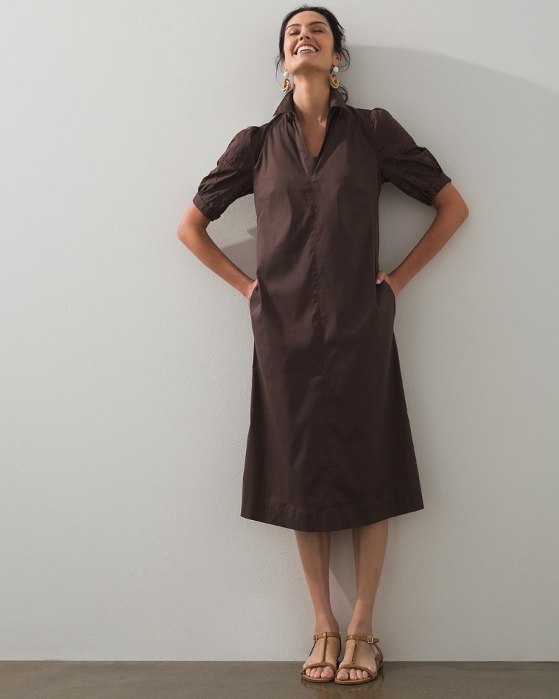 Eyelet Puff Sleeve Midi Dress Espresso