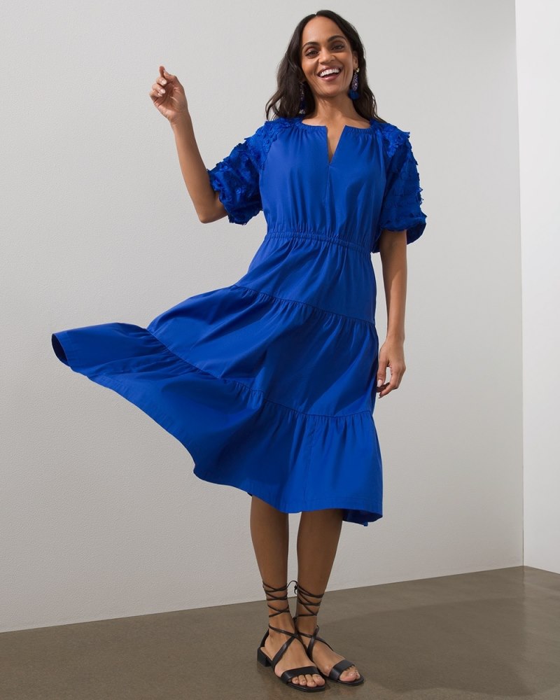 Poplin Fringe Puff Sleeve Dress Rich Cobalt