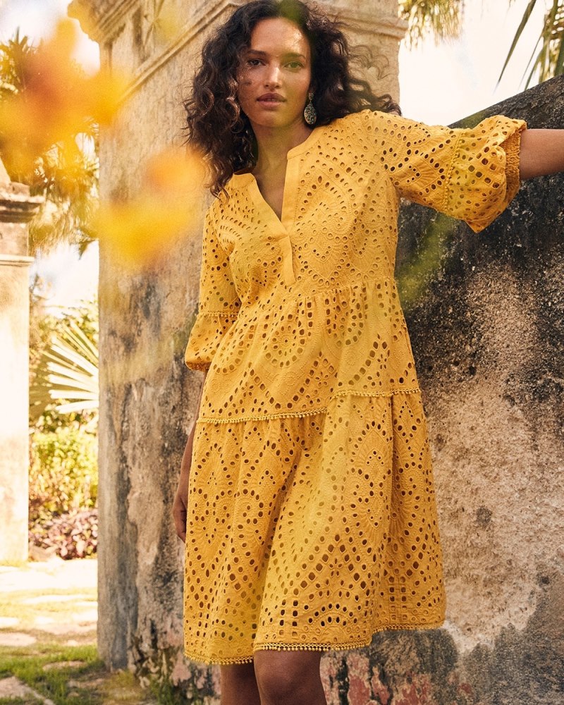 Eyelet Smocked Tiered Dress Sol Yellow