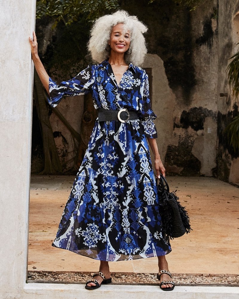 Ikat Tiered Midi Dress Rich Cobalt