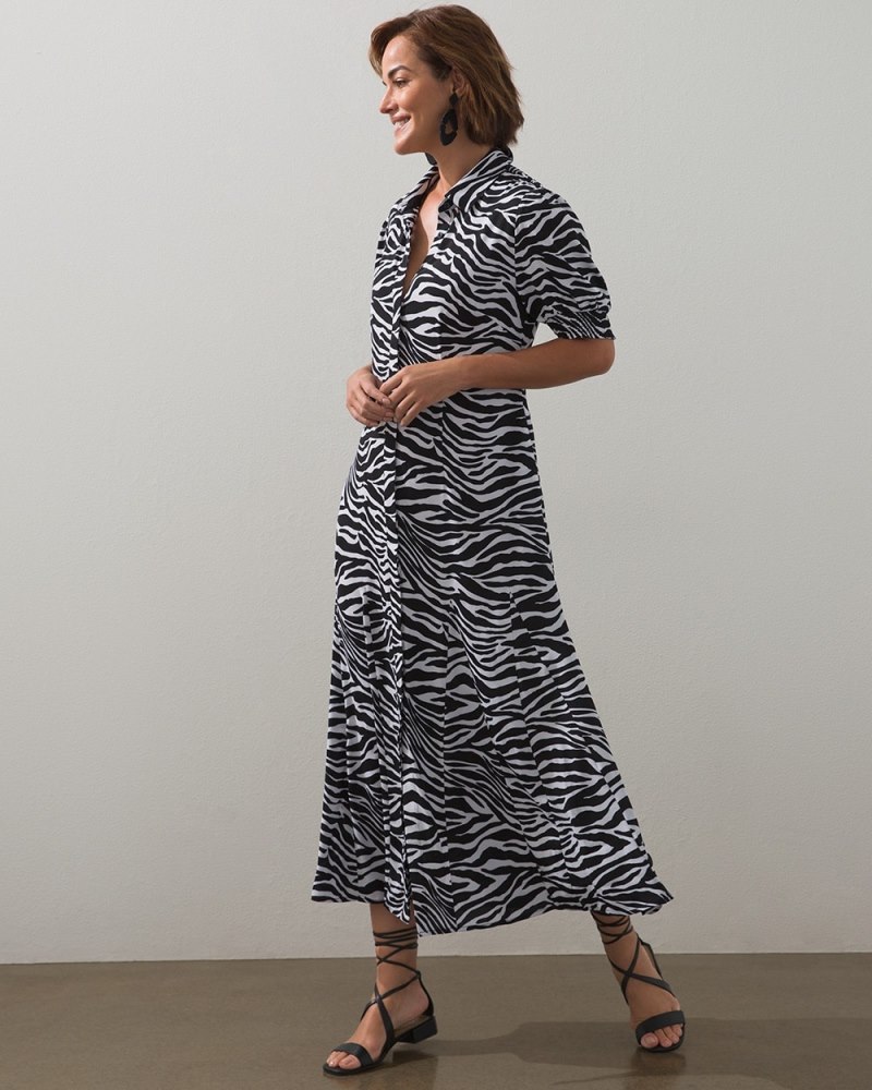 Zebra Smock Sleeve Godet Dress Zebra B/W