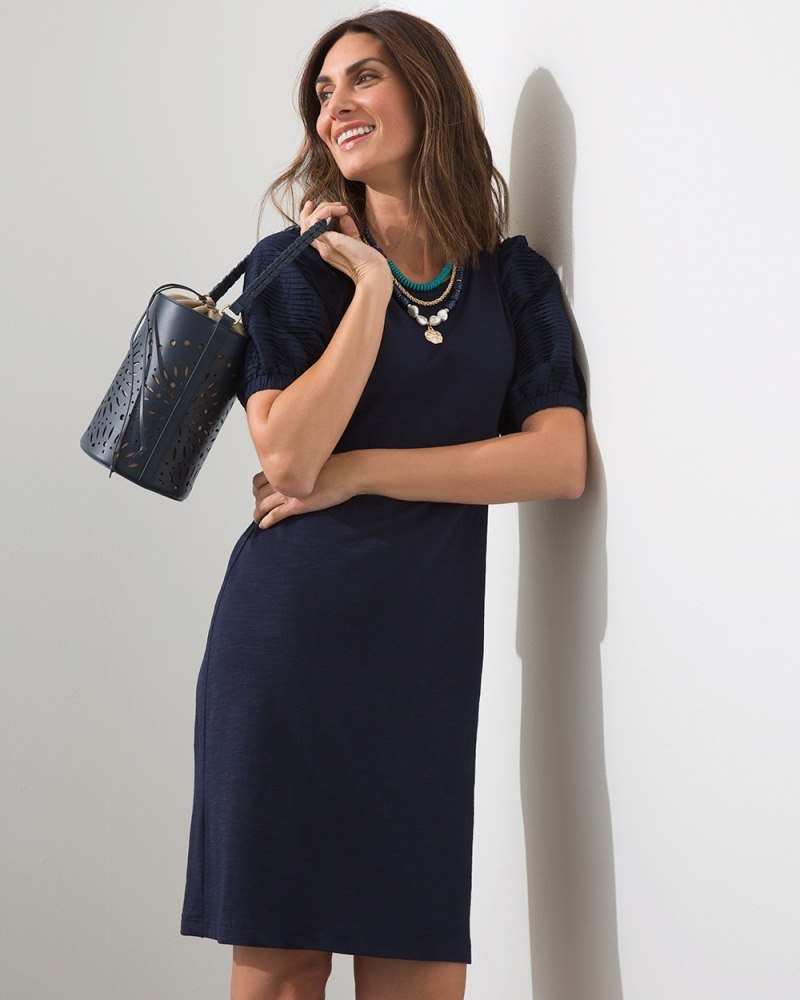 Textured Puff Sleeve Short Dress Classic Navy