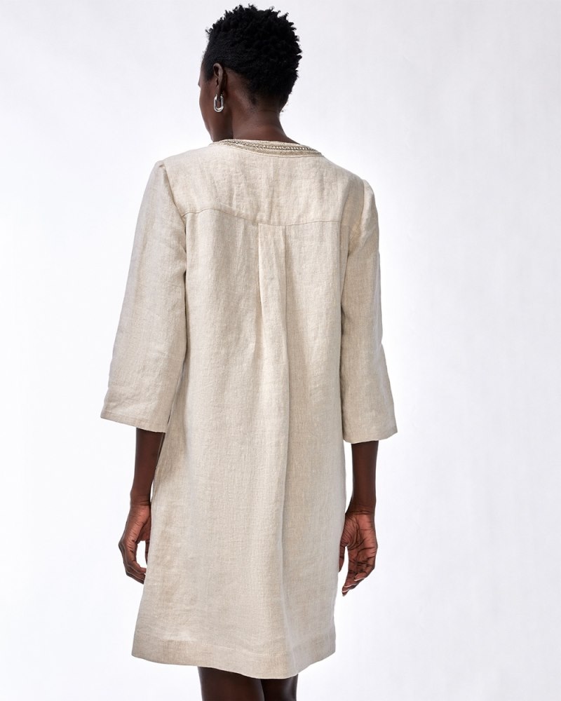 Embellished Beaded Linen Dress Oatmeal