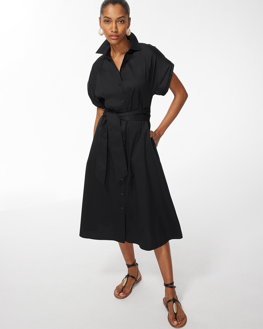 Poplin Tie Waist Shirt Dress Black