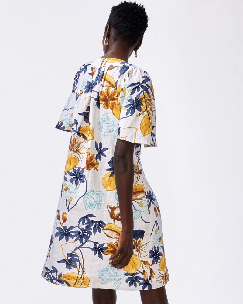 Linen Floral Flutter Sleeve Dress Sol Yellow