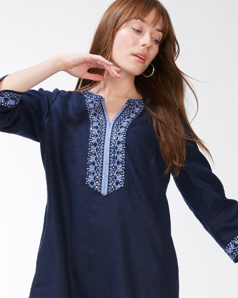 Embellished Beaded Linen Dress Classic Navy