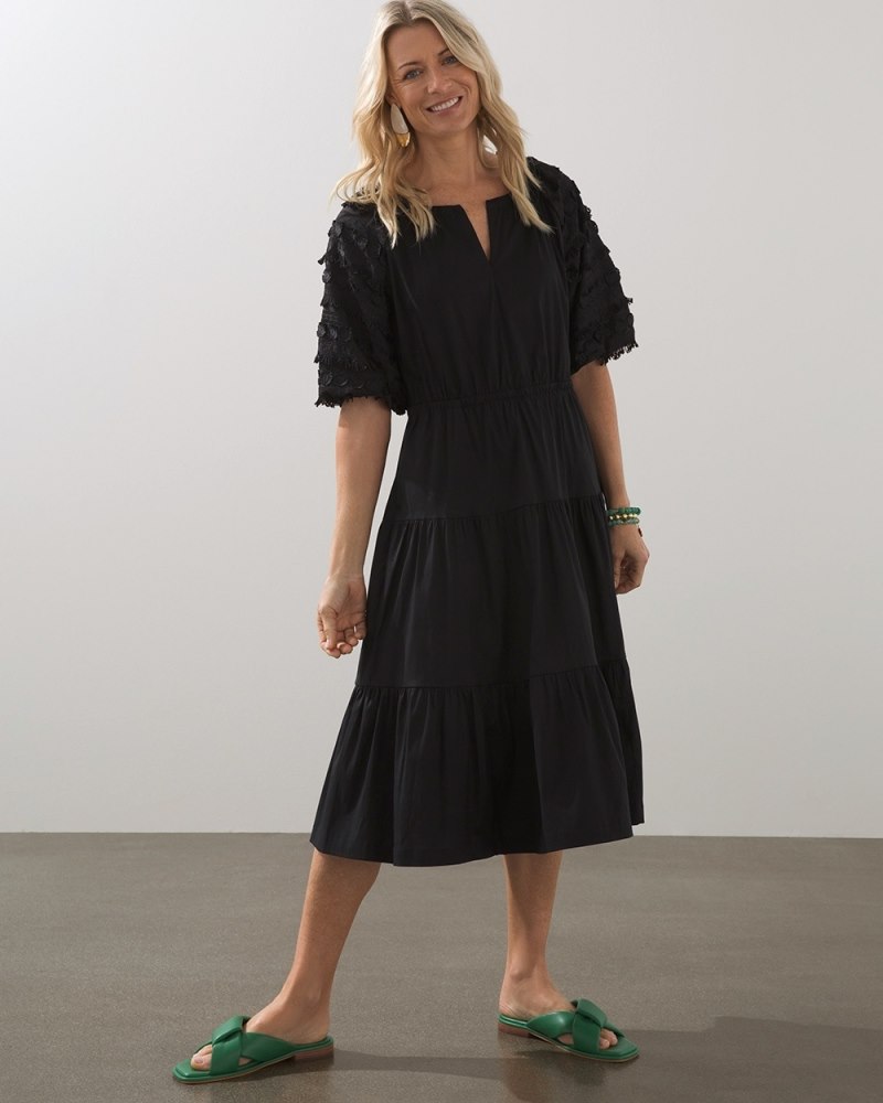 Poplin Fringe Puff Sleeve Dress Rich Cobalt