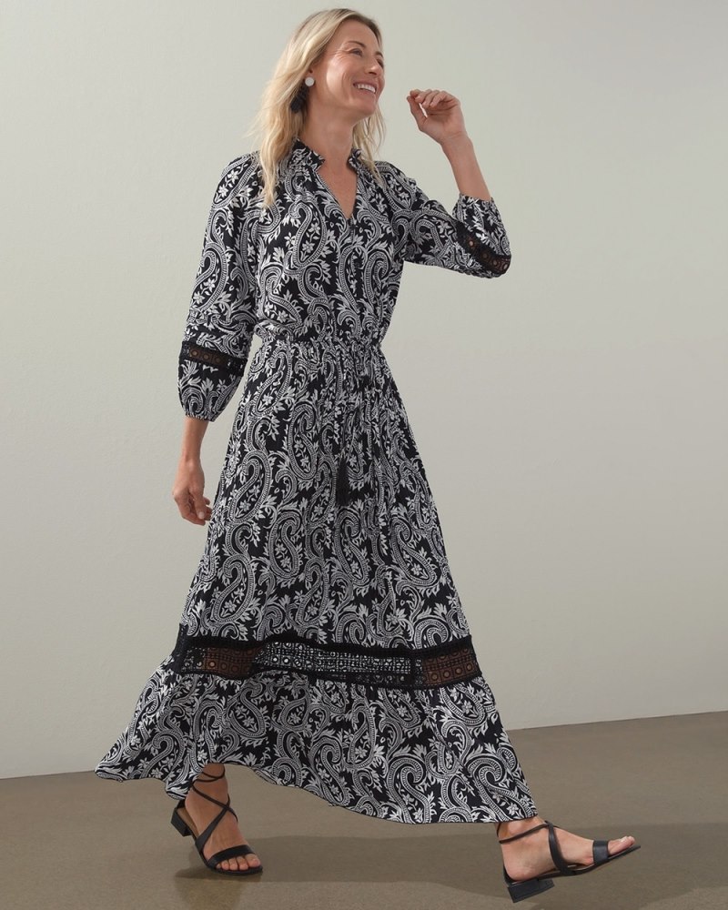 Paisley Crochet Detail Ruffle Maxi Dress Black/White