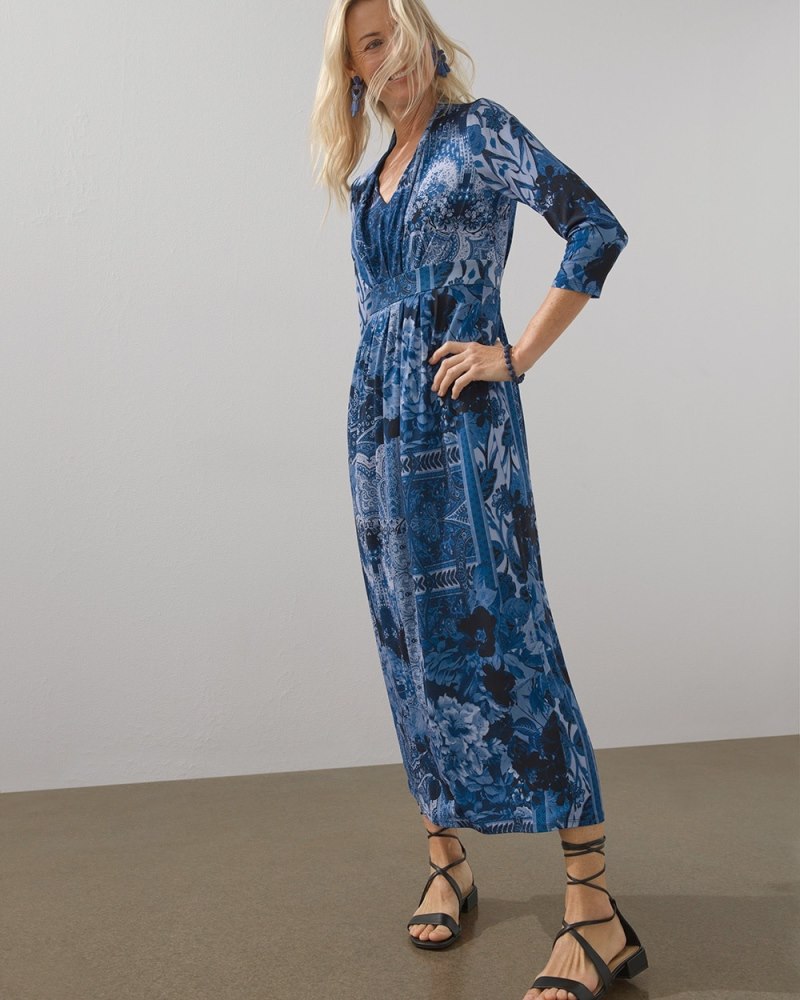 Tapestry Print Pleated Maxi Dress Blue