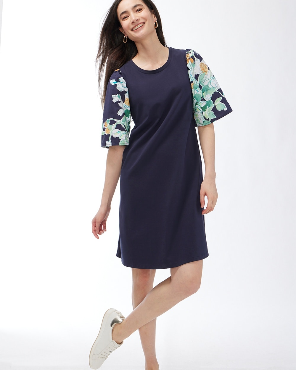 Knit Mix Bell Sleeve Dress Classic Navy
