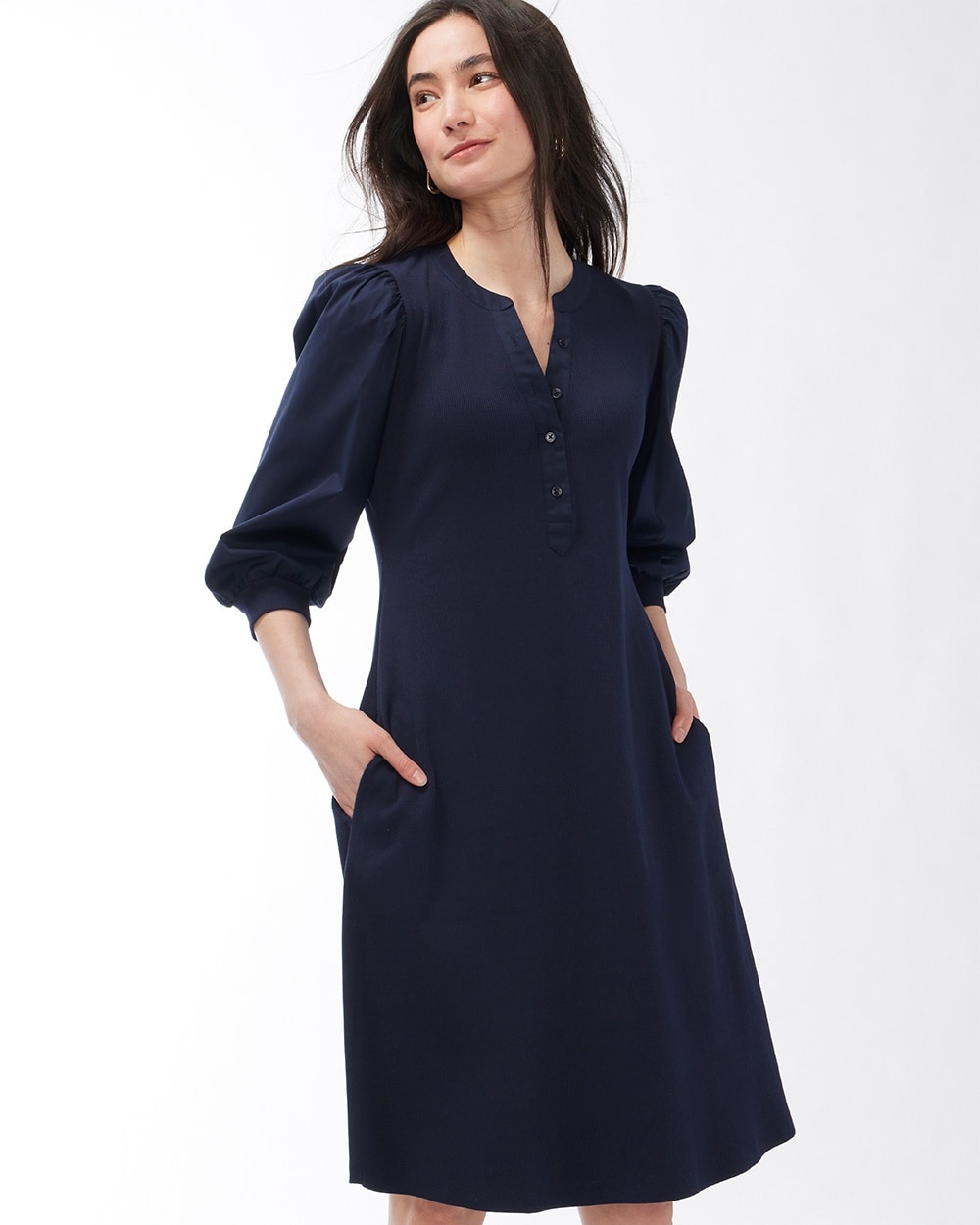 Knit Mix Bow Sleeve Henley Dress Classic Navy
