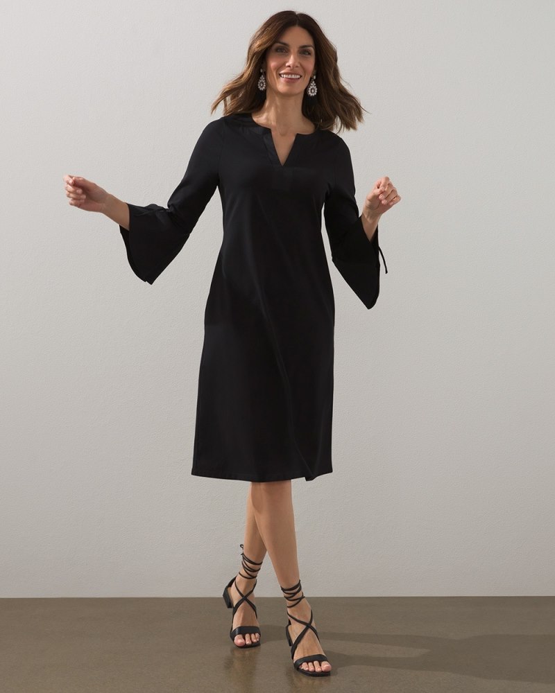 Split Neck Bell Sleeve Dress Black