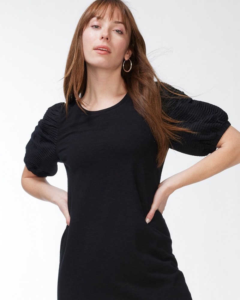 Textured Puff Sleeve Dress Black