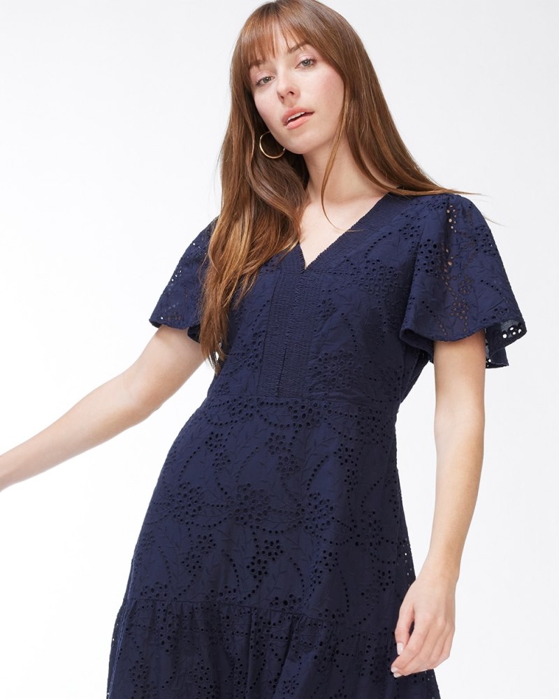 Eyelet Flounce Sleeve Dress Classic Navy